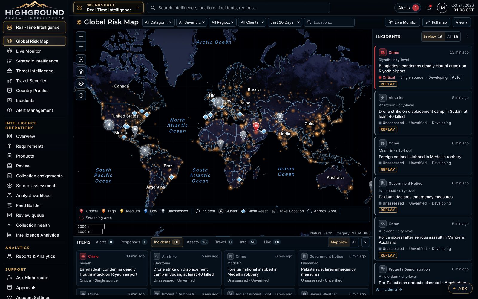 Highground Global Risk Map with live incident rail